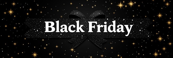 Black friday banner with glitter ribbon on starry background for seasonal sales