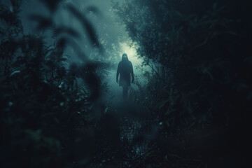 Fototapeta premium A person is walking through a dark forest