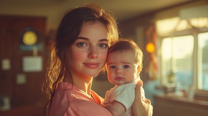 A young mother holds her baby in her arms, looking at the camera with a loving smile. The soft light creates a warm and intimate atmosphere.