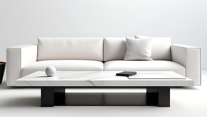 Fototapeta premium marble stone coffee table sits near white sofa