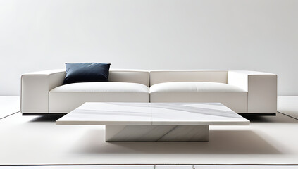 marble stone coffee table sits near white sofa