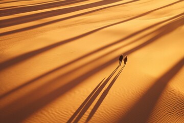 A drone shot of a couple walking through a desert landscape