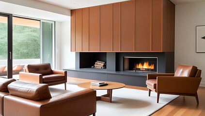 modern living room brown leather sofa chairs room fireplace