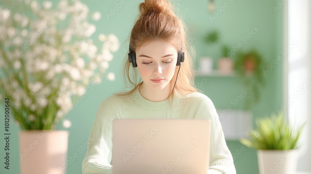 Wall mural A woman sits at her desk, using a headset to participate in a webinar, with a focus on the interaction between the speaker and online audience.