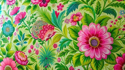 Fototapete Rund Colorful Green and Pink Wallpaper with Abstract Floral Design for Interior Decoration Projects © Danicha