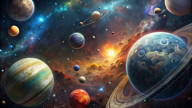 In the vast expanse of space, numerous planets and celestial bodies are seen surrounded by vibrant colors, nebulae, and distant stars, creating an awe-inspiring cosmic vista