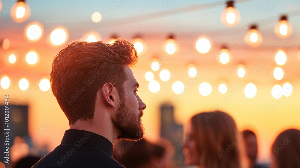 Aufkleber a networking event at a rooftop bar, with entrepreneurs enjoying drinks and conversation, creating v