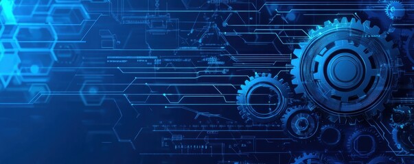 Obraz premium Futuristic blue background featuring interconnected gears and digital technology elements