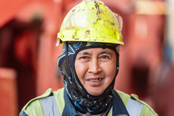 A close-up portrait of a deckhand wearing a helmet, captured during his daily routine on the deck of a large container ship. His determined expression reflects the focus and responsibility of his role