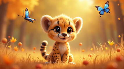 Autumn cute animals - A charming 3D cartoon-style scene featuring an adorable cheetah with large, expressive eyes among fallen autumn leaves. Blue butterflies flutter around. Warm magical atmosphere.