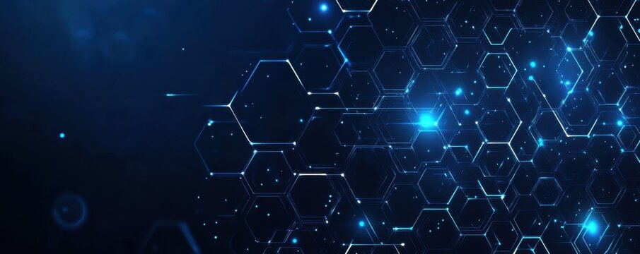 Blue technology background with interconnected hexagons and glowing abstract patterns