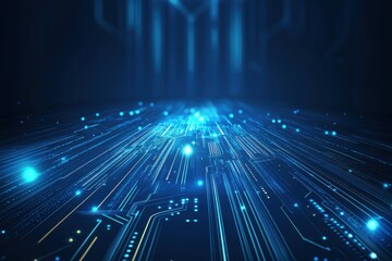 Futuristic blue technology corridor with glowing lights and digital circuit designs on the walls