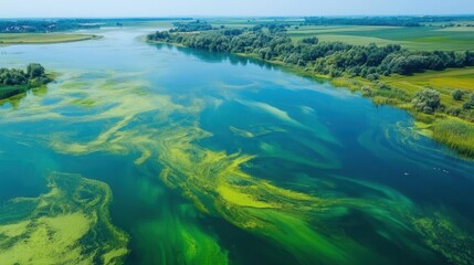 Fototapeta premium Aerial view of a river with vibrant green algae patterns, surrounded by lush landscapes and clear blue skies.