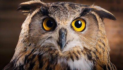 Obraz premium A close-up of a majestic owl, showcasing its intricate feather details and piercing gaze.