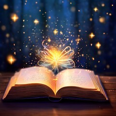 Enchanting card with sparkles and an open book, shining light and 'Happy Teacher's Day' in cursive 