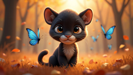 Autumn cute animals - A charming 3D cartoon-style scene featuring an adorable panther with large, expressive eyes among fallen autumn leaves. Blue butterflies flutter around. Warm magical atmosphere.