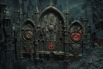 Fototapeta premium A dark and ominous castle with a large, ornate door
