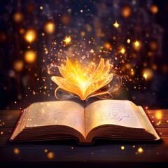 Enchanting card with sparkles and an open book, shining light  in cursive