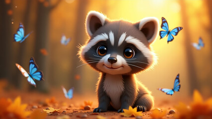 Autumn cute animals - A charming 3D cartoon-style scene featuring an adorable raccoon with large, expressive eyes among fallen autumn leaves. Blue butterflies flutter around. Warm magical atmosphere.