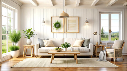 Living room interior with sofa and flower on table, blank wall mock up background, 3D render, white Mock up frame