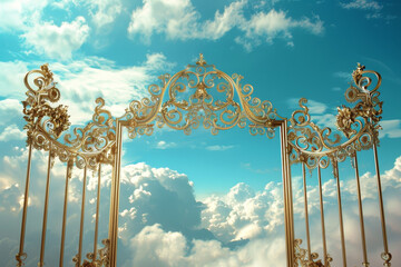 A gold gate with clouds in the background