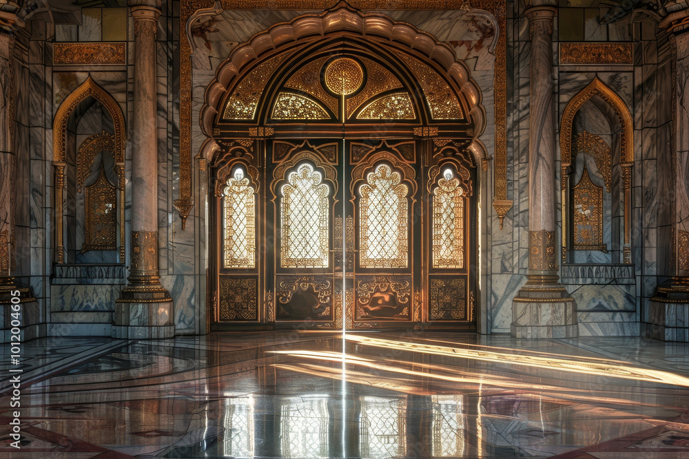 Wall mural A large, ornate doorway with gold trim and a large window