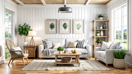 Fototapeta premium Living room interior with sofa and flower on table, blank wall mock up background, 3D render, white Mock up frame