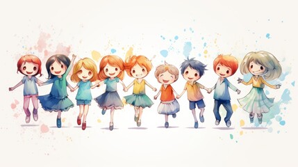 Fototapeta premium Joyful cartoon kids holding hands and jumping together against a bright white background