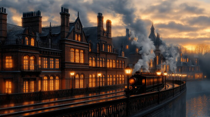 Fototapeta premium A bustling scene of Chimney Town, where towering chimneys rise into the sky, filling the atmosphere with clouds of smoke. The town is densely packed with brick buildings, narrow al