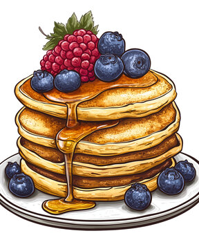 recommend clip art: an anime painted of pancake with honey and berries in black outline isolated on transparent background