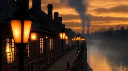 An atmospheric view of Chimney Town at dusk, with rows of chimneys belching smoke into the orange-tinted sky. The buildings are a mix of old brick and metal structures, connected b