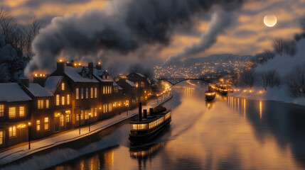 Fototapeta premium A magical depiction of Chimney Town at night, where the glow of lights from homes and shops shines through the thick smoke rising from the chimneys. The townâs narrow streets are l