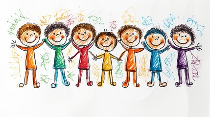 Fototapeta premium Charming cartoon illustration of joyful kids jumping and holding hands on a bright white background