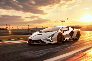 Naklejka premium A white car is driving on a racetrack