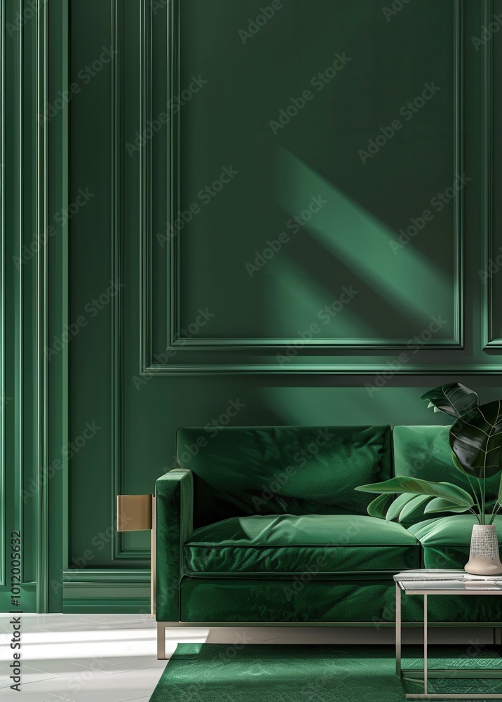 Wall mural modern classic green interior with sofa, wall panel, coffee table and indoor plant.3d illustration