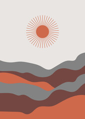 mountains, landscape, sun. abstract art with organic shapes for decoration. modern, blue, orange and brown, neutral colors. symbology, sunrise