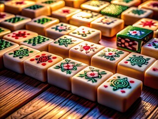 Colorful Mahjong Tiles Arranged on a Wooden Table for Traditional Game and Leisure Activities
