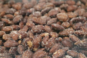 Close-Up of Sugar-Coated Roasted Almonds, Almonds with Crystallised Sugar Coating, Stock Photo