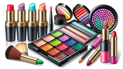 Colorful Makeup Clipart Set Featuring Lipstick, Eyeshadow, Brushes, and Cosmetic Accessories Design