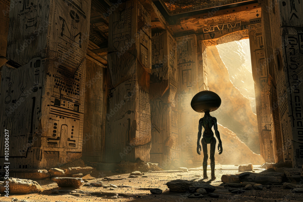 Poster A robot with a large hat stands in a cave with hieroglyphics on the walls
