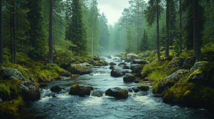 Obraz premium Scenic River Flowing Through a Forest with Beautiful Natural Surroundings