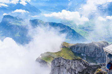 View of Swiss Alps from Mt. Pilatus trail and Lucerne lake (Vierwaldstattersee) in Lucerne, Switzerland