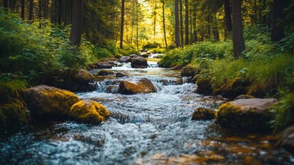 Obraz premium Scenic River Flowing Through a Forest with Beautiful Natural Surroundings