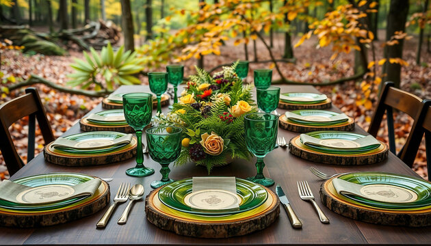 Beautifully arranged outdoor dining table featuring green glassware and rustic settings, surrounded by autumn foliage. Perfect for a cozy and stylish gathering in nature.

