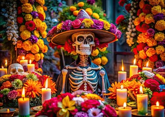 Obraz premium Colorful Mexican Skeleton Decorated for Día de los Muertos Celebration with Flowers and Candles