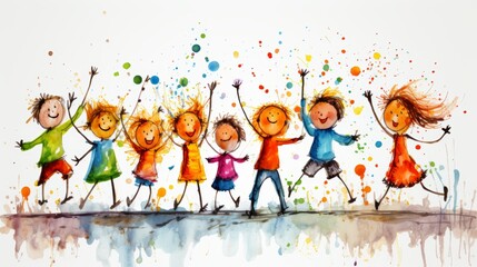 Fototapeta premium Joyful cartoon children holding hands and jumping together in a colorful hand drawn style