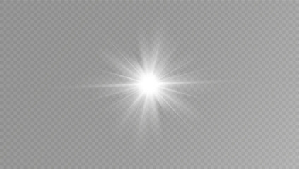 White glowing light explodes on a transparent background. with ray. Transparent shining sun, bright flash. Special lens flare light effect.