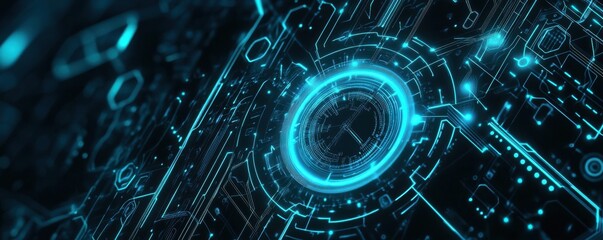 Abstract digital background with a glowing blue futuristic circular pattern and technological elements