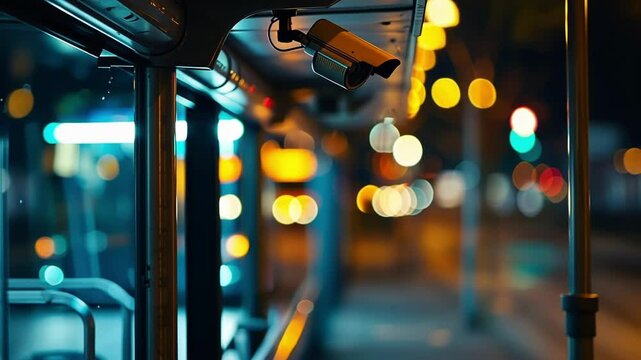 Security camera watches over an empty bus stop at night in the city, providing safety and peace of mind with advanced technology