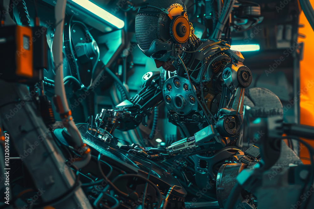 Poster a robot is working on a computer in a futuristic setting